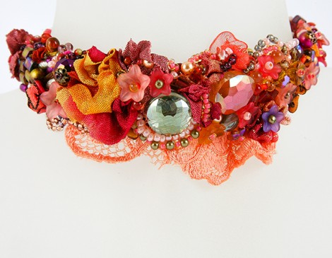 Tour de cou romantique, orange, rouge cerise, dentelle orange